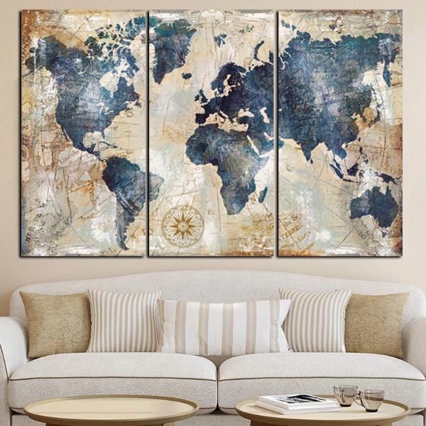 3 Panel Watercolour World Map Canvas Prints - Smiley Giant